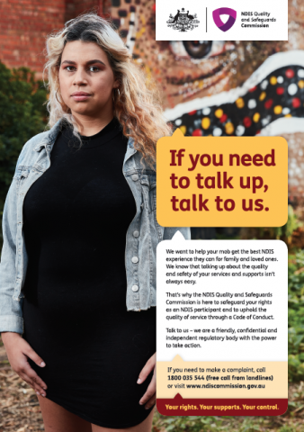 Shainayer - If you need to talk up, talk to us information poster. Shainayer is wearing a black dress and light blue denim jacket. Her blonde hair is down, and she is standing in front of a brick wall featuring Aboriginal artwork.