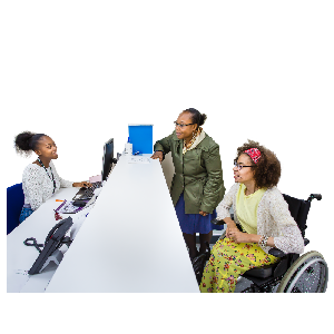 People in a discussion with a medical receptionist